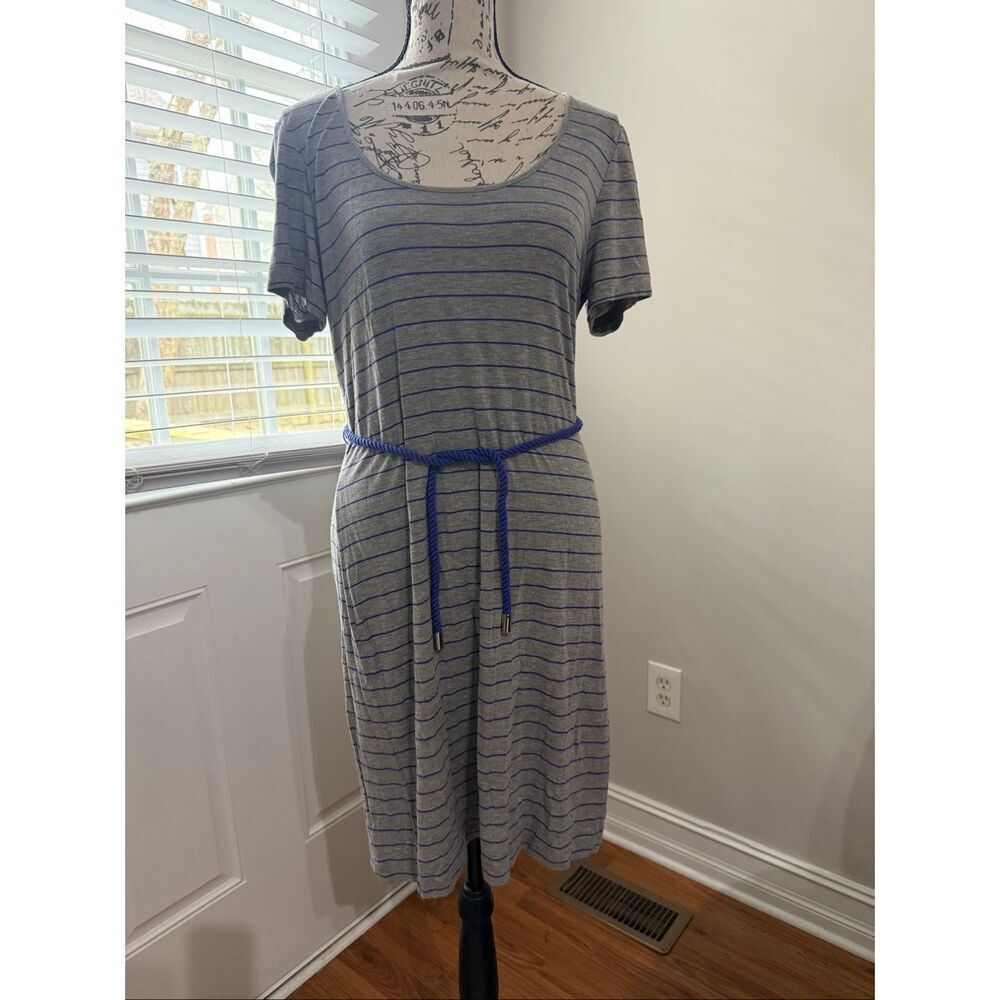 Calvin Klein Women's Striped Rope Belted Short Sleeve Dress Gray Blue Sz Medium